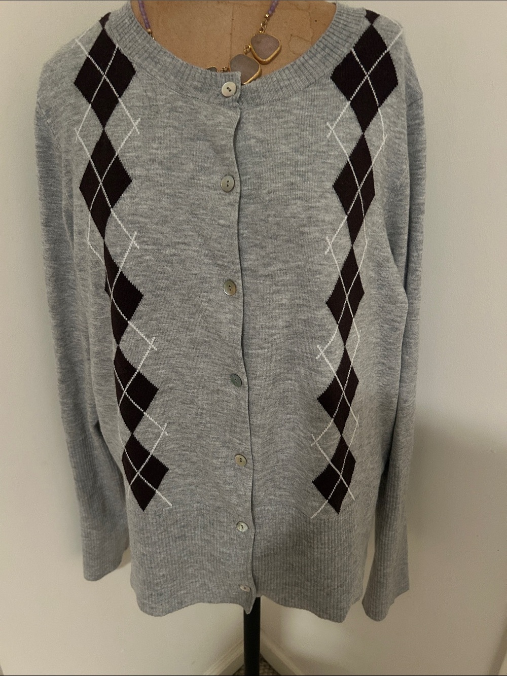 Maeve Grey Argyle Button-Front Women's Sweater